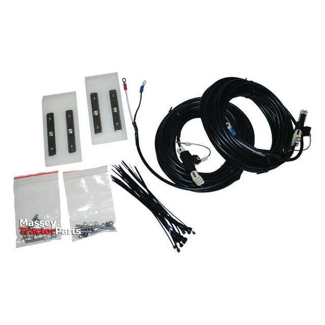 The BHT-2 Sensor Pad Kit by Sparex is organized in plastic bags labeled "Massey Tractor Parts," and includes coiled black cables, plastic ties, metal mounts, connectors, and small hardware pieces for easy identification and assembly. Suitable for S.28700 - S.28700 models.