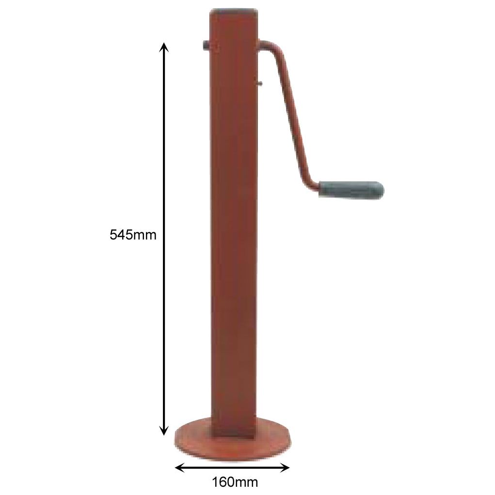 A side view of the Sparex BOX LIFTER JACK - S.23173, a red steel post with a crank handle, measuring 545mm in height and 160mm in width, capable of supporting a maximum static load of 800Kg.