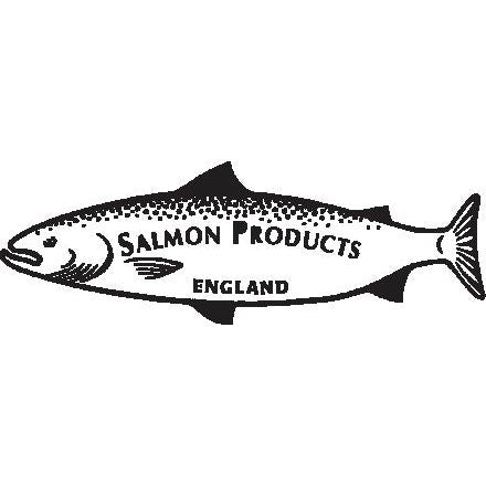 Black and white illustration of a fish with the text "Salmon Products" and "England" written inside its body, reminiscent of the design on a Broom Handle Ø: 28.5mm (1 1/8'') x Length: 152cm (60'') by Sparex, Sparex Part No.S.19194.
