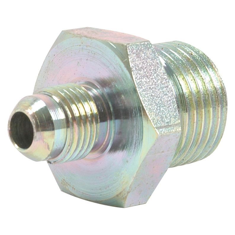 Close-up of a metallic threaded pipe fitting with a hexagonal nut in the middle and ridged threads on both ends, showcasing the Hydraulic Adaptor 1/2'' BSP male to 1/2'' JIC male (Sparex Part No. S.35046) by Sparex.