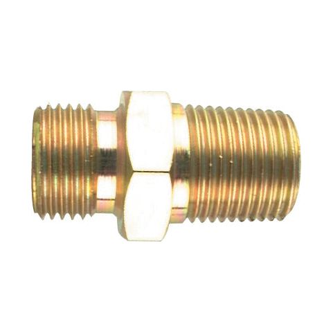 Close-up image of a Sparex Hydraulic Adaptor 1/2'' BSP Male x 3/8'' BSPT Male (Sparex Part No.S.3035), featuring a brass construction with male threaded ends and a hexagonal center section for tightening.
