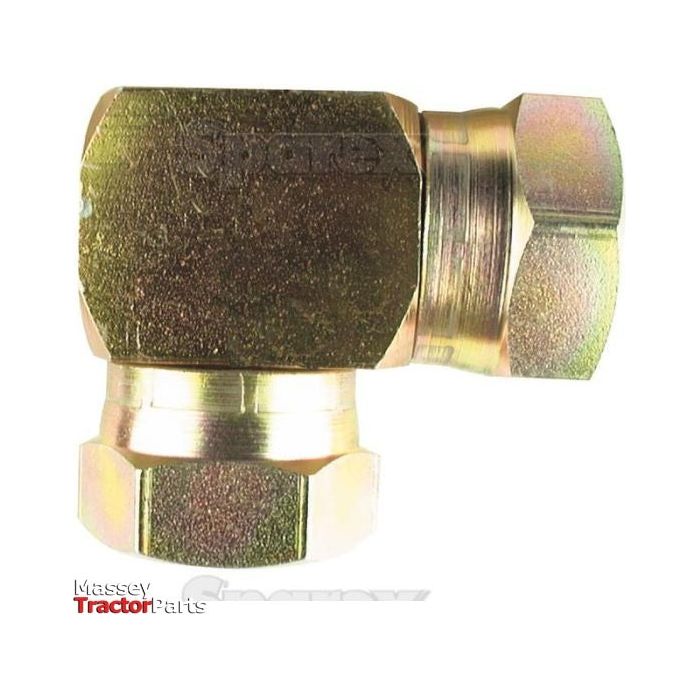 The Sparex Hydraulic Adaptor 1/4'' BSP female - 1/4'' BSP 90° compact female, labeled with Sparex Part No. S.35117, is a brass elbow hydraulic fitting designed for connecting two pipes at a 90-degree angle. Its hexagonal edges and versatile hose adaptor use make it ideal for various applications.