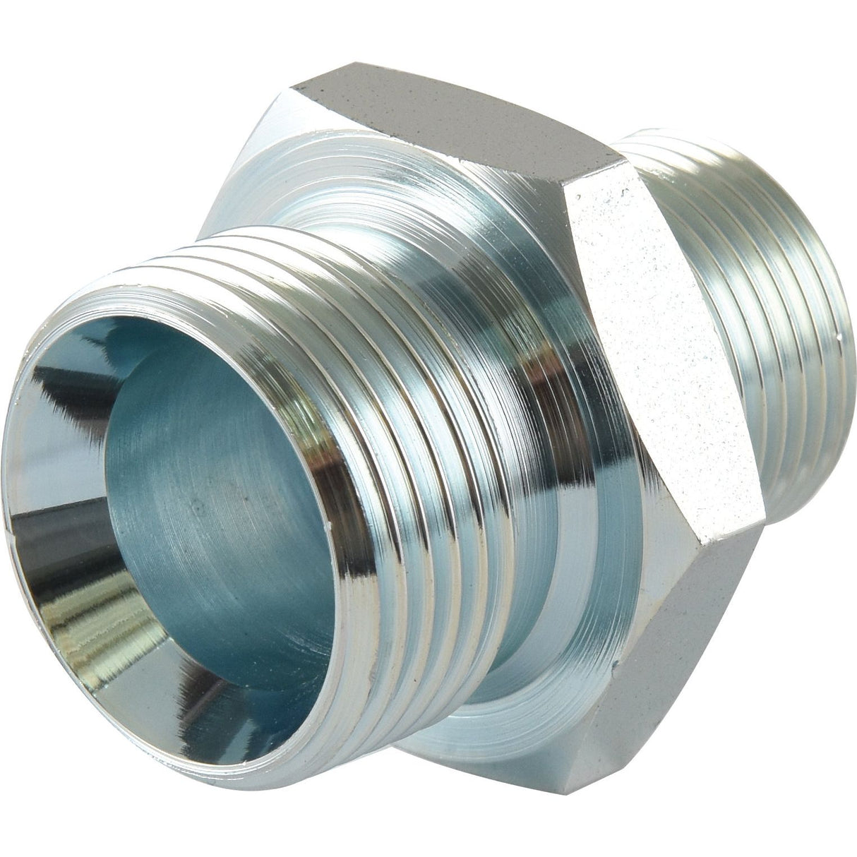 This metallic threaded pipe fitting with a hexagonal center is designed for connecting two pipes. The Hydraulic Adaptor 3/4'' BSP Male x 1'' BSP Male from Sparex (Sparex Part No.S.12093) ensures secure and efficient connections.