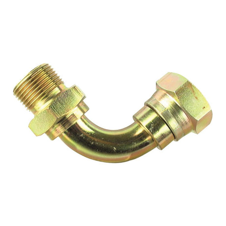 The Sparex Hydraulic Adaptor 3/4'' BSP Male x 3/4'' BSP Swivel Female 90° Swept Elbow (Part No. S.12051) is a small brass fitting perfect for connecting to plumbing or hydraulic systems, featuring male threads on one end and a swivel female compression fitting on the other.