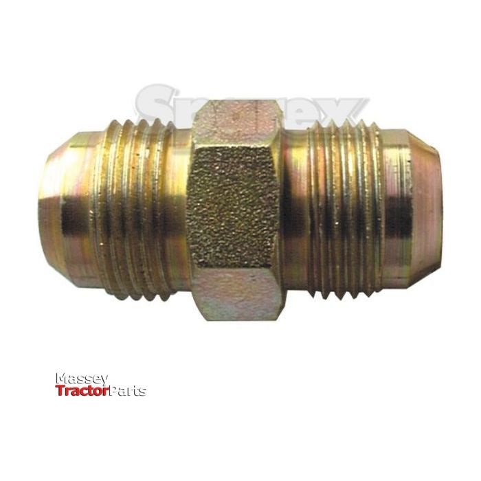 A metallic connector with threaded ends, used for joining two pipes or hoses, is displayed against a white background. The brand "Sparex" and "Massey Tractor Parts" are visible in the lower left corner of this Hydraulic Adaptor 3/4''JIC male - 7/8''JIC male | Sparex Part No.S.35072.