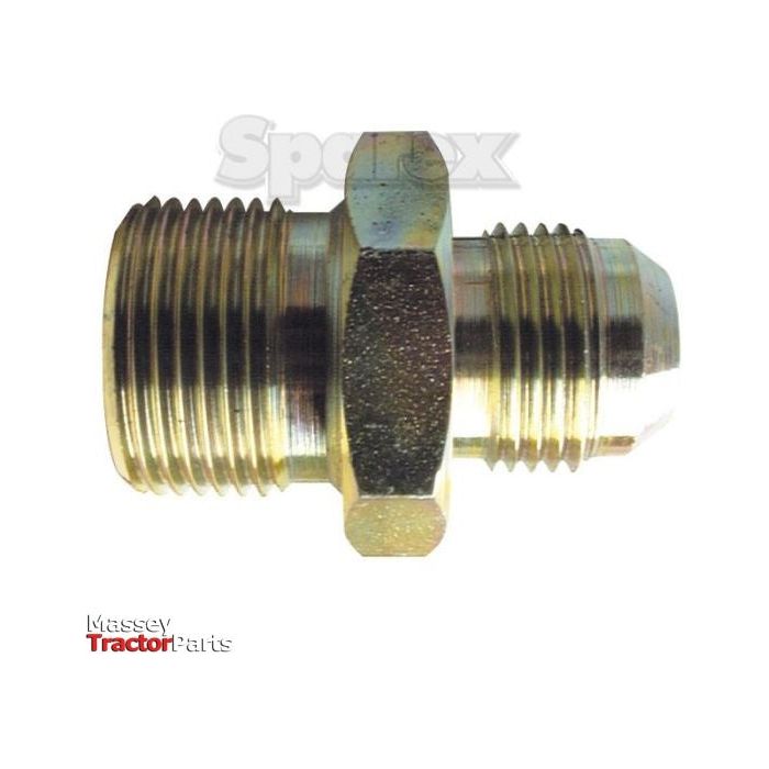 A Sparex Hydraulic Adaptor 3/8''BSP male - 9/16''JIC male, featuring a brass construction and a hexagonal middle section with BSP male threads on both ends.