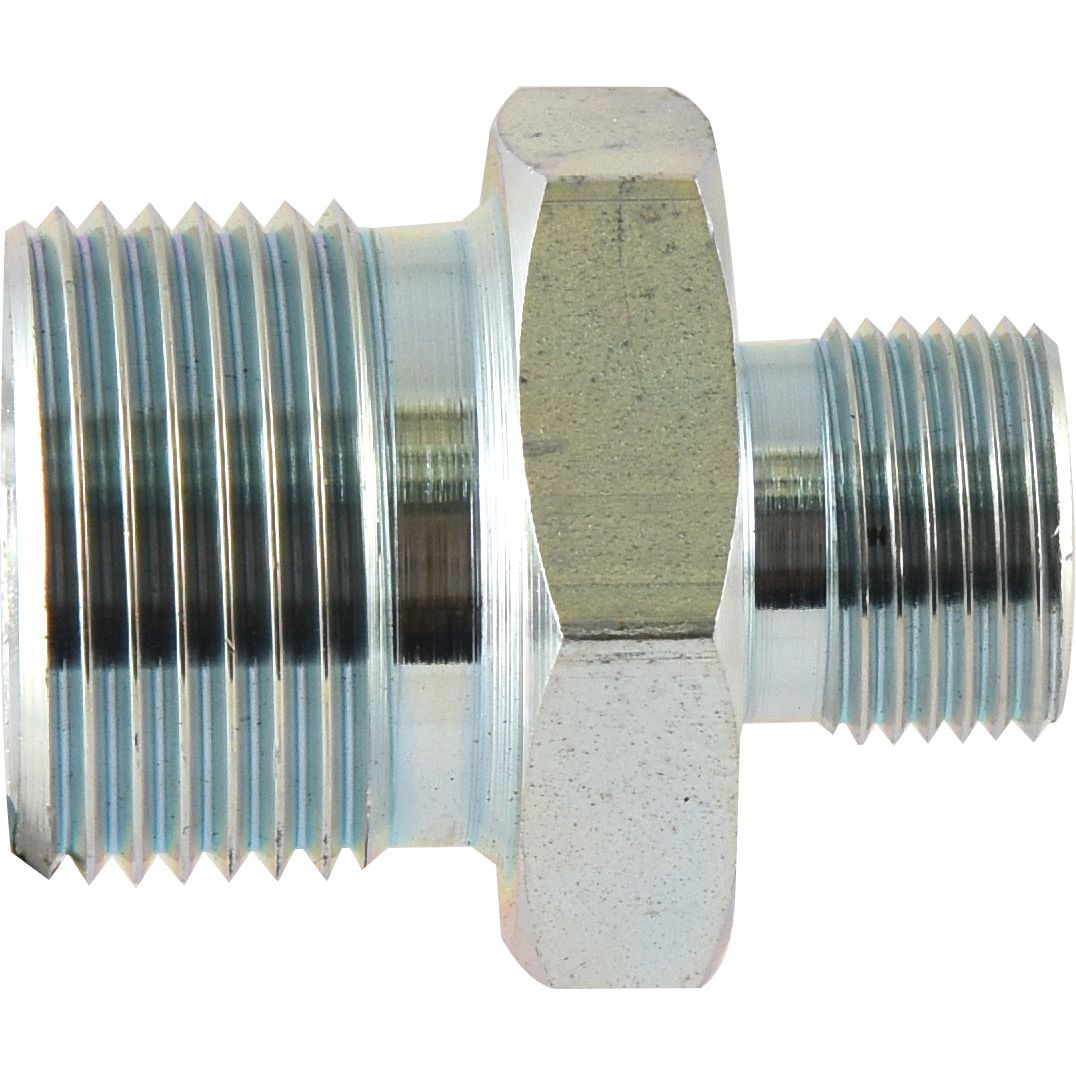 The Hydraulic Adaptor 3/8'' BSP Male x 3/4'' BSP Male by Sparex (Sparex Part No.S.4678) is a metal hexagonal pipe fitting with threaded ends on both sides, designed for connecting two pipes and featuring BSP Male threads.