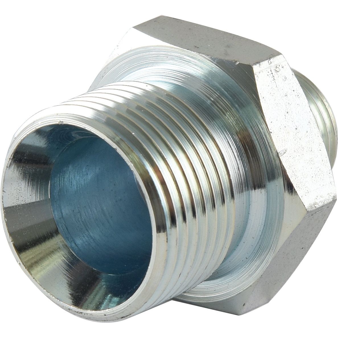 Close-up of a metallic, threaded pipe fitting with a hexagonal base, showing both its internal and external threads—perfect for use as the Hydraulic Adaptor 3/8'' BSP Male x 3/4'' BSP Male by Sparex (Part No. S.4678).