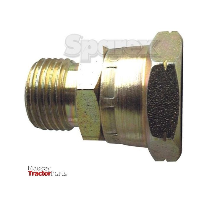Close-up of a metallic hydraulic adaptor with threaded ends, labeled as "Hydraulic Adaptor 3/8'' BSP Male x M22x1.50 Metric Swivel Female | Sparex Part No.S.6481" by Sparex. The background is plain white.