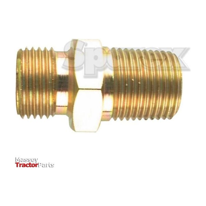A Sparex hydraulic adaptor, featuring 1/2'' BSP male external threads on one end and 3/8'' BSPT male external threads on the other, along with a hex nut in the center, is shown against a white background. The text "Massey Tractor Parts" is visible in the bottom left corner. This adaptor is identified as Sparex Part No.S.3035.