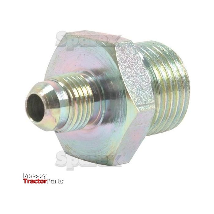 A metallic hydraulic hose adaptor fitting with threaded ends, identified as a 1/2'' BSP male to 1/2'' JIC male, has "Sparex" inscribed around the adapter. The Massey Tractor Parts logo is visible in the bottom left corner, and BURNETT & HILLMAN quality is assured throughout.
