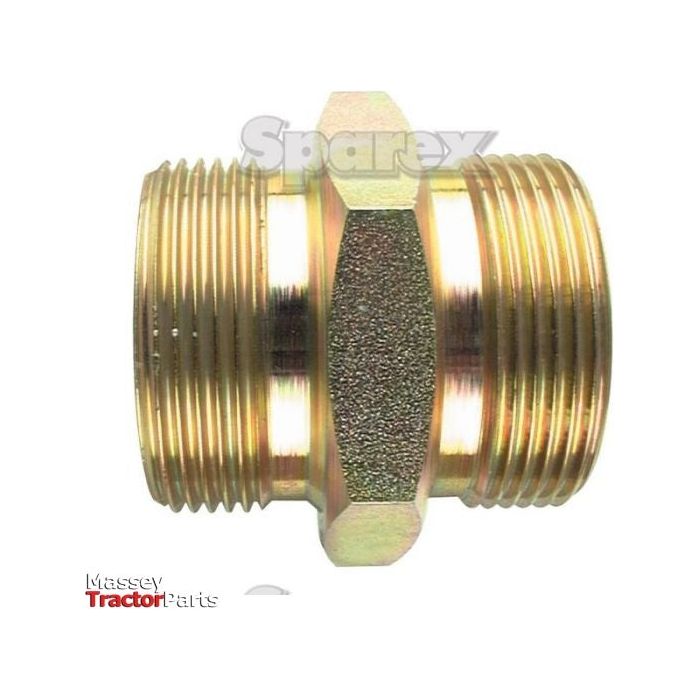Hydraulic Adaptor with 3/4'' BSP Male and 1'' BSP Male threaded ends, featuring a hexagonal center for joining two pipes or fittings. Product by Sparex, Part No. S.12093.
