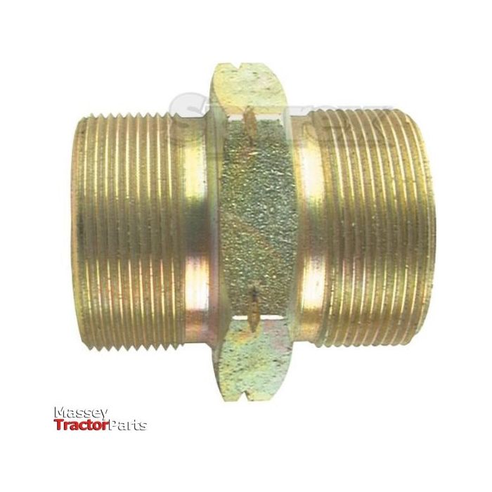 The Sparex Hydraulic Adaptor M12 male - M18 male (Sparex Part No. S.35009) is a brass threaded pipe fitting with a hexagonal center, designed for connecting two pieces of pipe or functioning as a hose adaptor. The text in the lower left corner reads "Massey Tractor Parts," and it is perfectly compatible with M12 Male and M18 Male connections.