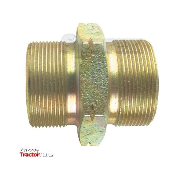 Close-up of a threaded brass pipe fitting with two male ends, compatible as an M22 Male or M20 Male connector, and a central hexagonal section for tightening. The "Sparex" logo is visible in the bottom left corner of the Hydraulic Adaptor M20 male - M22 male | Sparex Part No.S.35018.