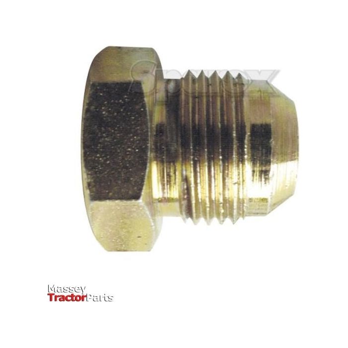 The Sparex Hydraulic Adaptor 1/2'' JIC Solid Plug, also known as Sparex Part No. S.52161, is a brass hexagonal plug fitting with a threaded section on one end and a smooth head on the other. It serves as an effective solid plug, with the text "Massey Tractor Parts" partially visible in red and black at the bottom left.