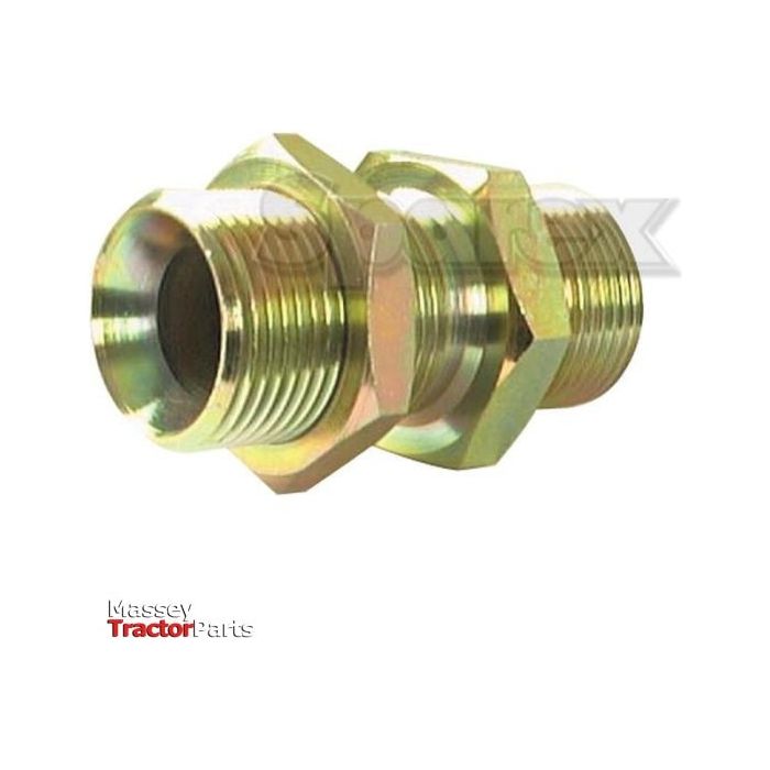 The Sparex Hydraulic Adaptor 3/4'' BSP Male x 3/4'' BSP Male Bulkhead with Locknut (Part No. S.55989) is a brass fitting featuring threaded ends, commonly used in tractor parts and hydraulic systems. Designed with a hexagonal section for easy installation using a wrench, this adaptor ensures secure connections.