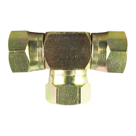 The Sparex Hydraulic Tee Piece, with part number S.12800, features a 1/2'' BSP Swivel Female thread on all three ends and is designed for secure and versatile use in plumbing or gas connections.