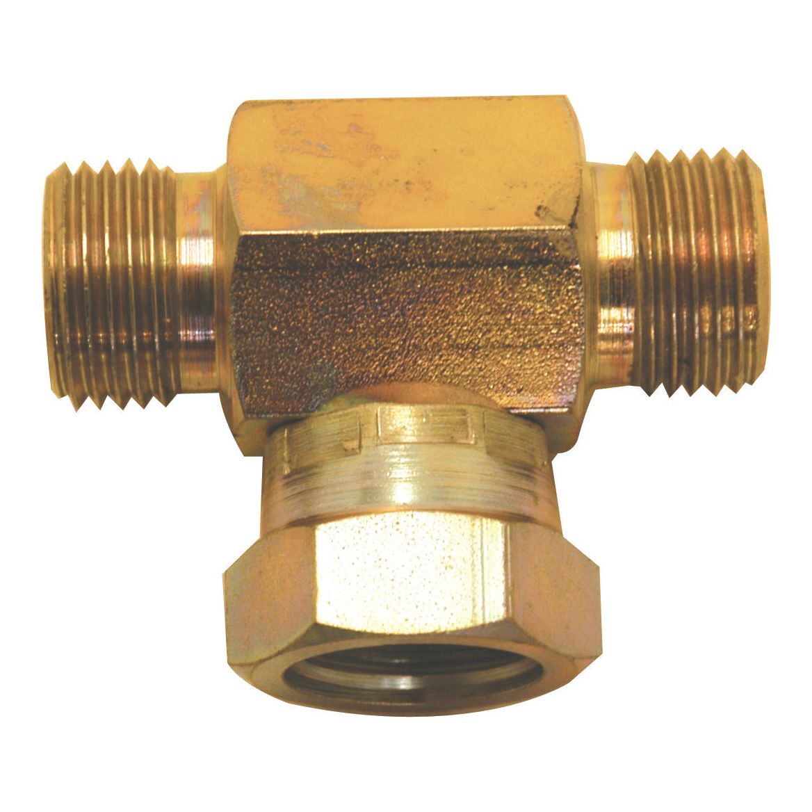 The Sparex Hydraulic Tee Piece 1/2'' BSP Male x 1/2'' BSP Male x 1/2'' BSP Swivel Female (Part No. S.26520) is a brass T-fitting with threaded ends and a hexagonal nut in the middle, designed for plumbing or mechanical use, offering versatile applications through its BSP Female and BSP Male connections.