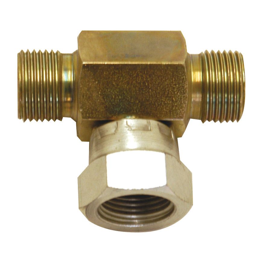 A brass Hydraulic Tee Piece 3/8'' BSP Male x 3/8'' BSP Male x 3/8'' BSP Swivel Female from Sparex (Part No. S.26519), featuring two male threads on the horizontal ends and one female swivel thread on the vertical end.