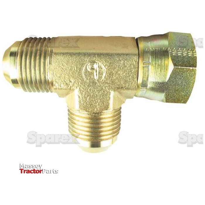 Close-up of a brass Hydraulic Tee Adaptor 9/16''JIC male - 9/16''JIC female - 9/16''JIC male branch with three threaded ends. The background is white, and the Sparex logo is faintly visible. The bottom-left corner has a Massey Tractor Parts logo. This Sparex Part No.S.35092 exemplifies premium quality, akin to Burnett & Hillman standards.