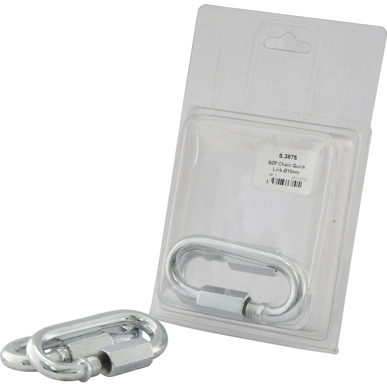 Two BZP chain quick links: one enclosed in clear Agripak packaging labeled "BZP Chain Quick Link Ø10mm $3.95" (Sparex Part No. S.3875 by Sparex), and the other outside the package.