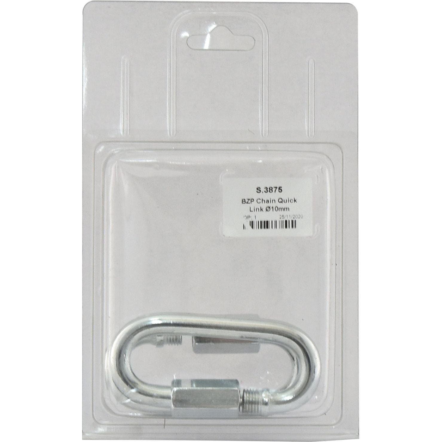A packaged BZP Chain Quick Link, 10 mm in size, with a clear plastic covering and a white label displaying product details, from Sparex (Sparex Part No. S.3875).