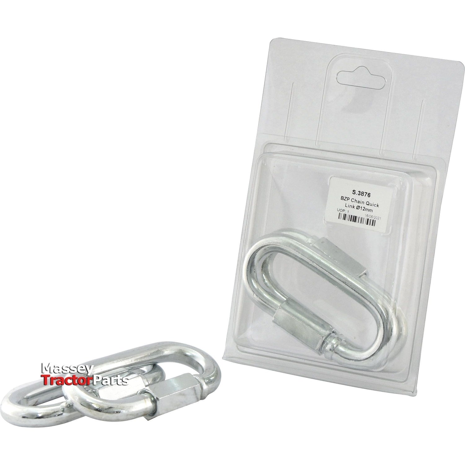 Two oval-shaped quick links, one inside a plastic package with a labeled insert, and the other outside the packaging. The package is labeled "Massey Tractor Parts" and includes product code S.3876 from Sparex.