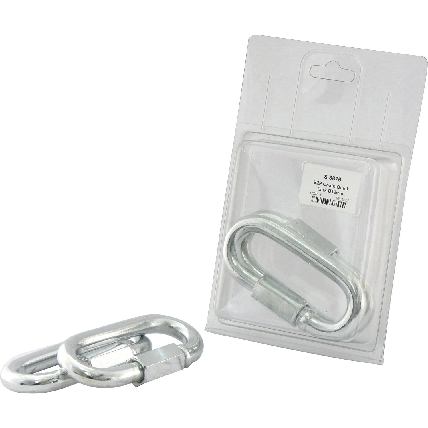 Two BZP Chain Quick Links Ø12mm (Sparex Part No. S.3876), one attached to a clear plastic package with an Agripak label, and one loose in front of the package.