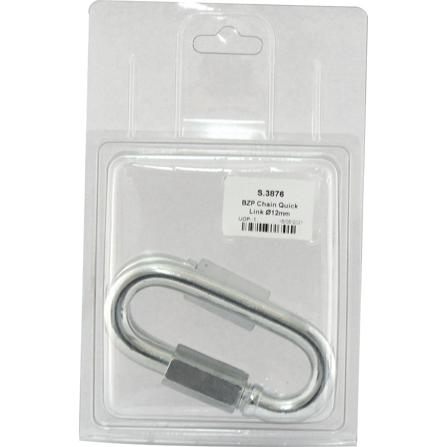 The BZP Chain Quick Link Ø12mm, packaged in a transparent plastic container with a labeled cardboard backing, is ideal for various applications. This product is part of the Sparex range, specifically cataloged as S.3876.