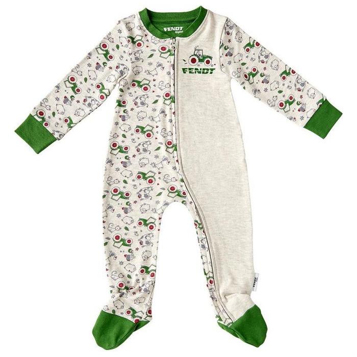 AGCO's Fendt Baby Pyjamas (X99102008C) are infant one-piece pyjamas with long sleeves, a zipper front, and green trim. The fabric features a charming tractor print and sheep pattern, made from soft organic cotton.