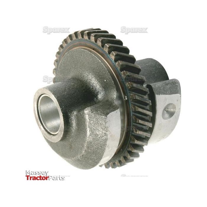 A balancer gear with intricate teeth and a cylindrical core, identified as Balancer Gear | Sparex Part No. S.66485, is displayed on a white background. The image features the "Massey Tractor Parts" and "Sparex" logos, indicating its compatibility with Ford/New Holland machinery.