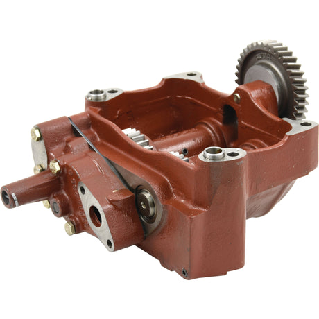 Close-up of a Sparex Balancer Unit | Sparex Part No.S.40508, a red metal gearbox with visible gears, bolts, and mounting holes featuring a 4 Bolt Fixing.