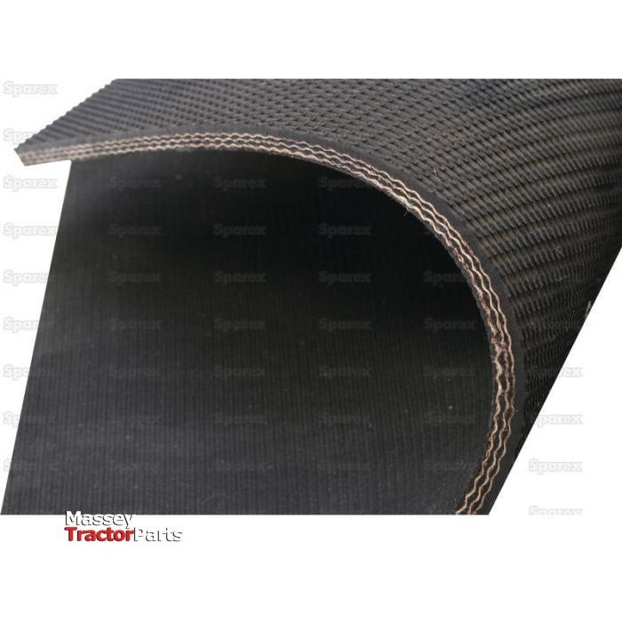 Close-up of a black rubber industrial conveyor belt, partially rolled. The image features a logo in the bottom left corner that reads "Massey Tractor Parts" along with product details noting it is a Sparex Baler Belt - Flat 178 x 6.2mm - S.128846.