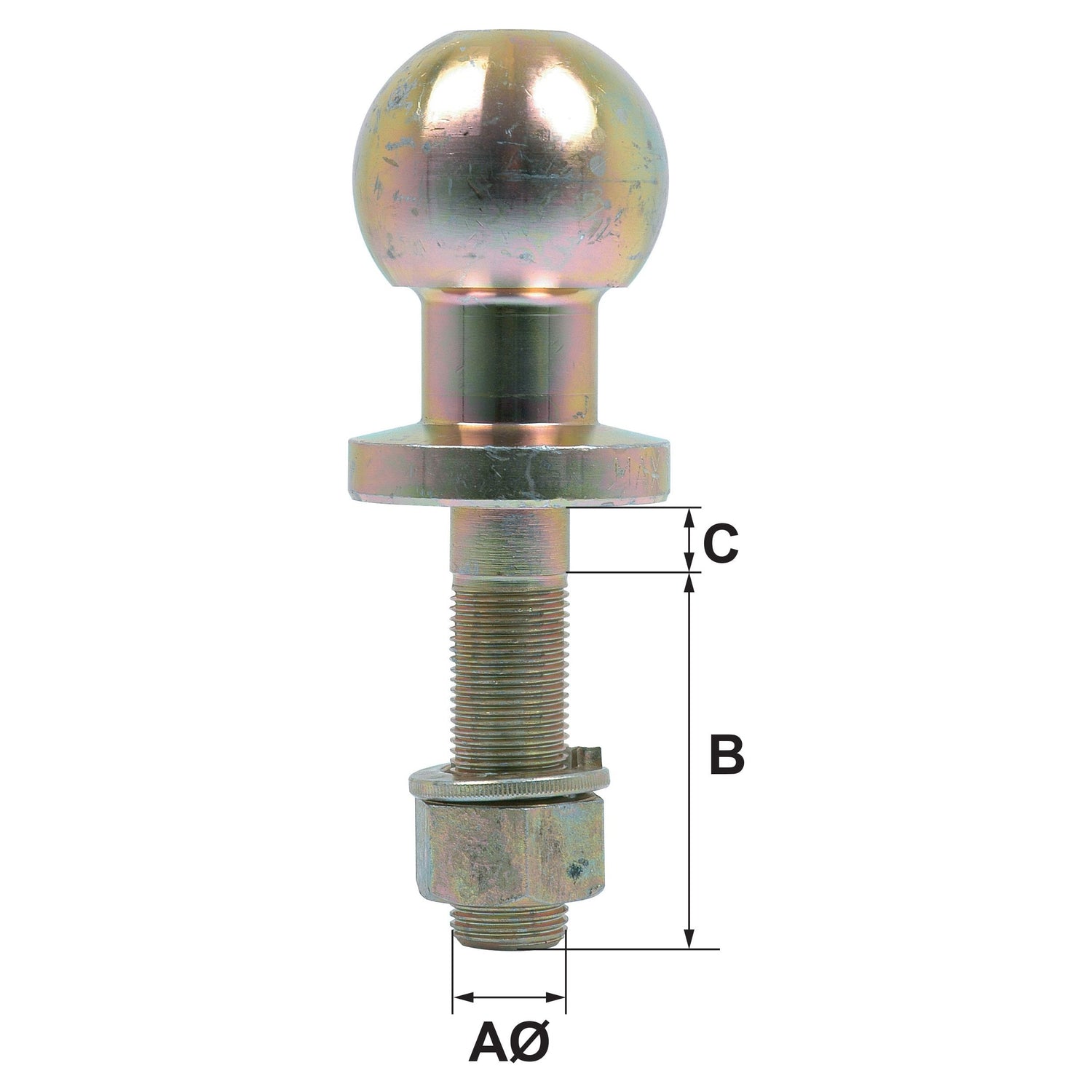 A zinc-plated, metallic trailer hitch ball with a 50mm ball size and a threaded shaft and nuts, displayed with measurement lines labeled A, B, and C. It has a Maximum Static Load of 1250 kg. Product Name: Ball Hitch Pin, 1250Kg (Short) - S.3341 by Sparex.