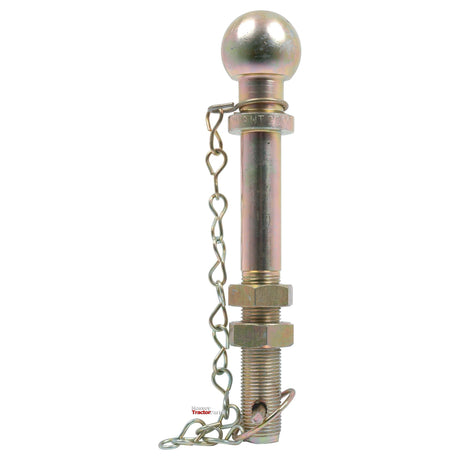 Image of a Sparex Ball Hitch Pin, 2000Kg (Long) - S.3211 featuring a zinc plated trailer hitch ball with a threaded shaft, attached safety chain, and clearly marked ball size.