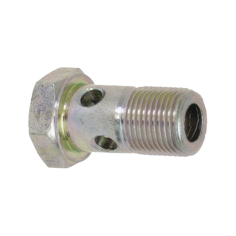 A close-up of the Banjo Bolt 3/8 | Sparex Part No.S.32971, featuring a metallic hex head, its threaded end, and multiple holes along the shaft from the Sparex brand.