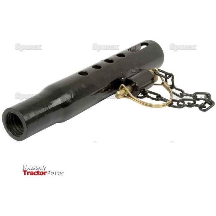 The Sparex Stabiliser Centre Tube - 260mm - 1 1/8 UNC (Sparex Part No.S.15629) is an ideal solution for securing implements to farm machinery, featuring a durable black design with a chain and clip attached for added stability.