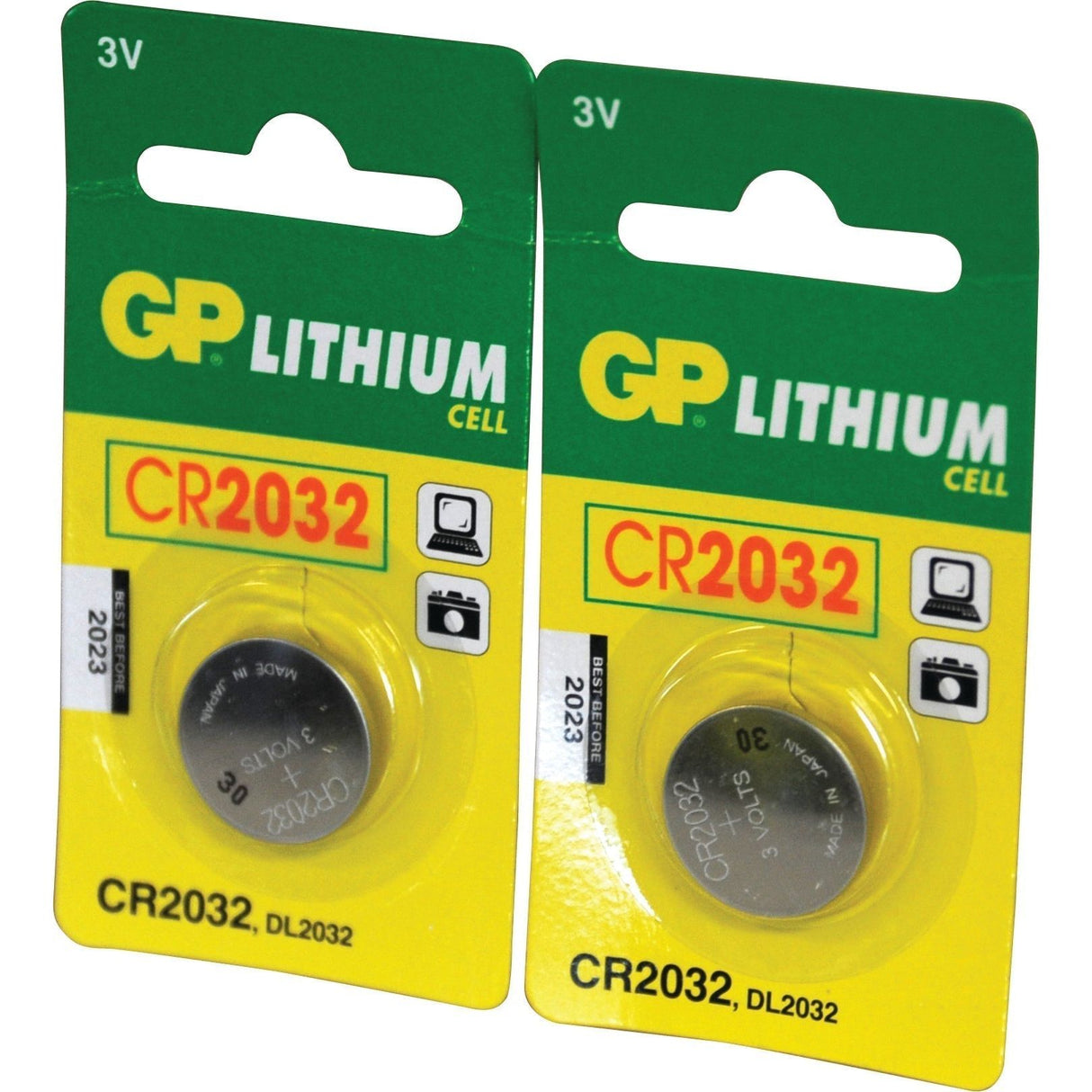 Two packs of Sparex Battery - CR2032 (Pk of 2 pcs.), Sparex Part No.S.71233, each containing a single 3V button cell battery ideal for electronics like watches and cameras, in green and yellow packaging.