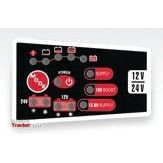 A control panel featuring various switches and indicators labeled with "SUPPLY," "TIM BOOST," and "12/24V SUPPLY." The panel includes icons such as a battery and power settings, with additional specifics like the "Sparex 12V 7.0A Battery Charger" for precise power management (Sparex Part No.S.31326).