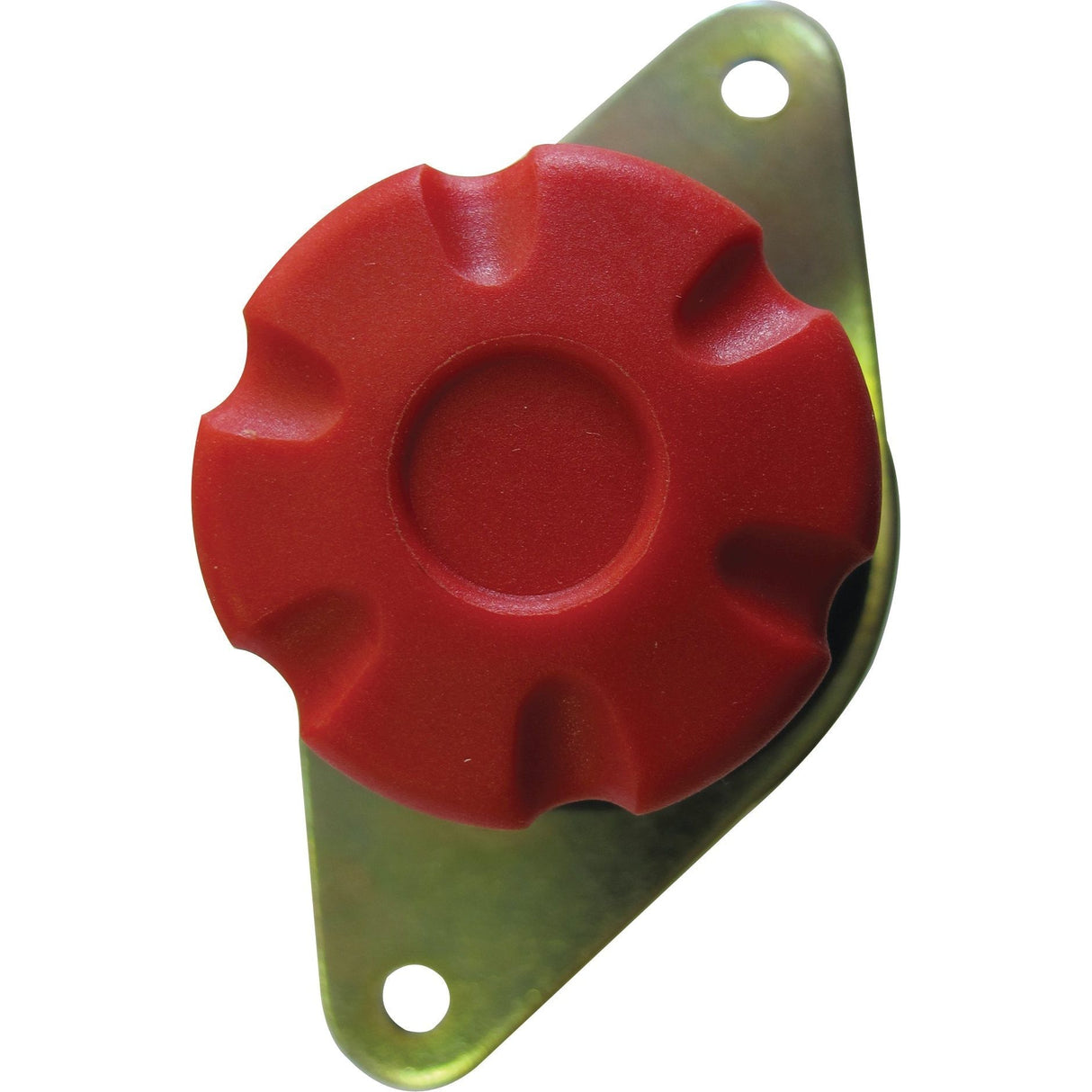 A close-up image of the Sparex Battery Cut Off Switch - Heavy Duty, 250 Amps, 24V (S.28892), featuring a red stop button mounted on a metallic base with two installation holes, suitable for various control panels.