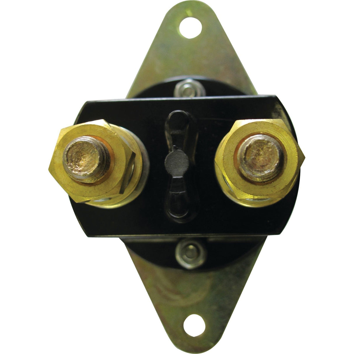 A close-up view of the Battery Cut Off Switch - Heavy Duty, 250 Amps, 24V (Product Code: S.28892) by Sparex, featuring two large hexagonal terminals and a smaller central terminal, mounted on a metal bracket with two holes for secure attachment.
