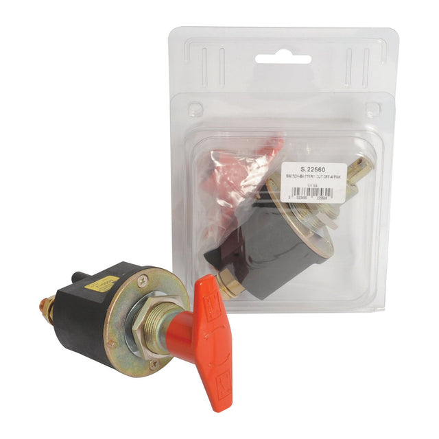 Image of a Sparex Battery Cut Off Switch - Heavy Duty, 250 Amps, 48V (Agripak) - S.22560 with a red handle. One switch is out of the packaging while another remains inside a clear, plastic package. Rated IP67 for durability.