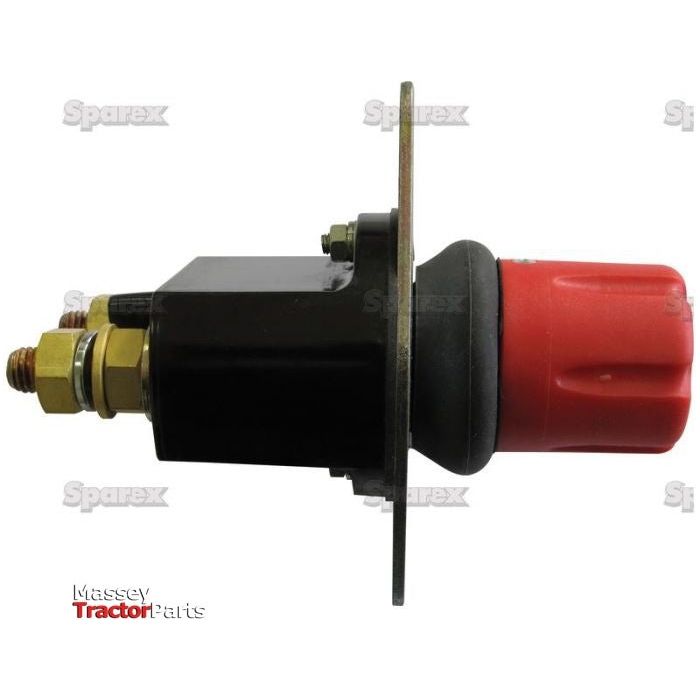 Side view of a black Sparex Battery Cut Off Switch - Heavy Duty, 250 Amps, 24V (S.28892) with a red knob, mounted on a metal plate, with bolts and connectors visible. Suitable for detailed manufacture information inquiries.