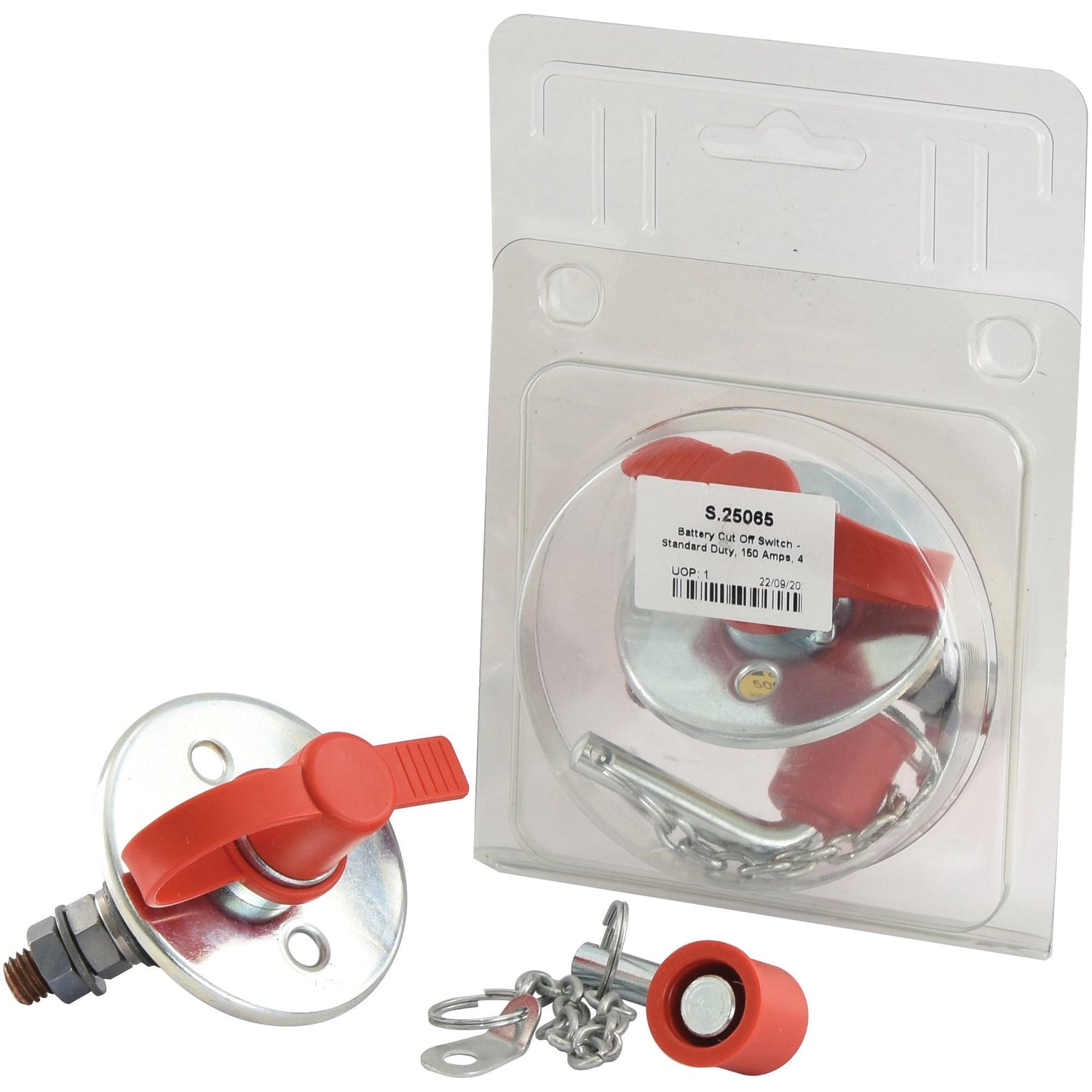 A Battery Cut Off Switch - Standard Duty (150 Amps, 12-48V) from Sparex (Part No. S.25065), featuring a red handle, is shown both installed on a metallic base and packaged, alongside chains and connectors, against a white background.