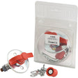 A Battery Cut Off Switch - Standard Duty (150 Amps, 12-48V) from Sparex (Part No. S.25065), featuring a red handle, is shown both installed on a metallic base and packaged, alongside chains and connectors, against a white background.