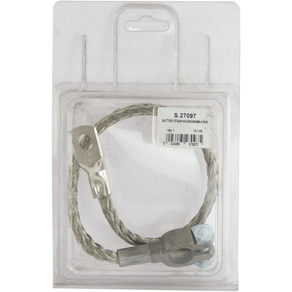 The Battery Strap, Earth/Negative (Clamp) Length: 400mm - S.27097 by Sparex is packaged in plastic and includes a silver braided copper wire with a metal connector at each end. The Earth/Negative Clamp ensures secure attachment to the battery terminal. Additionally, the package features a product label with text and a barcode for easy identification.