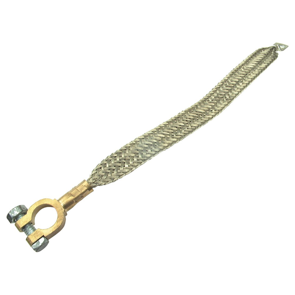 The Sparex Battery Strap, Earth/Negative (Clamp) - S.50028, with a length of 400mm, features a flat copper terminal and two bolts at one end, perfect for secure connections.