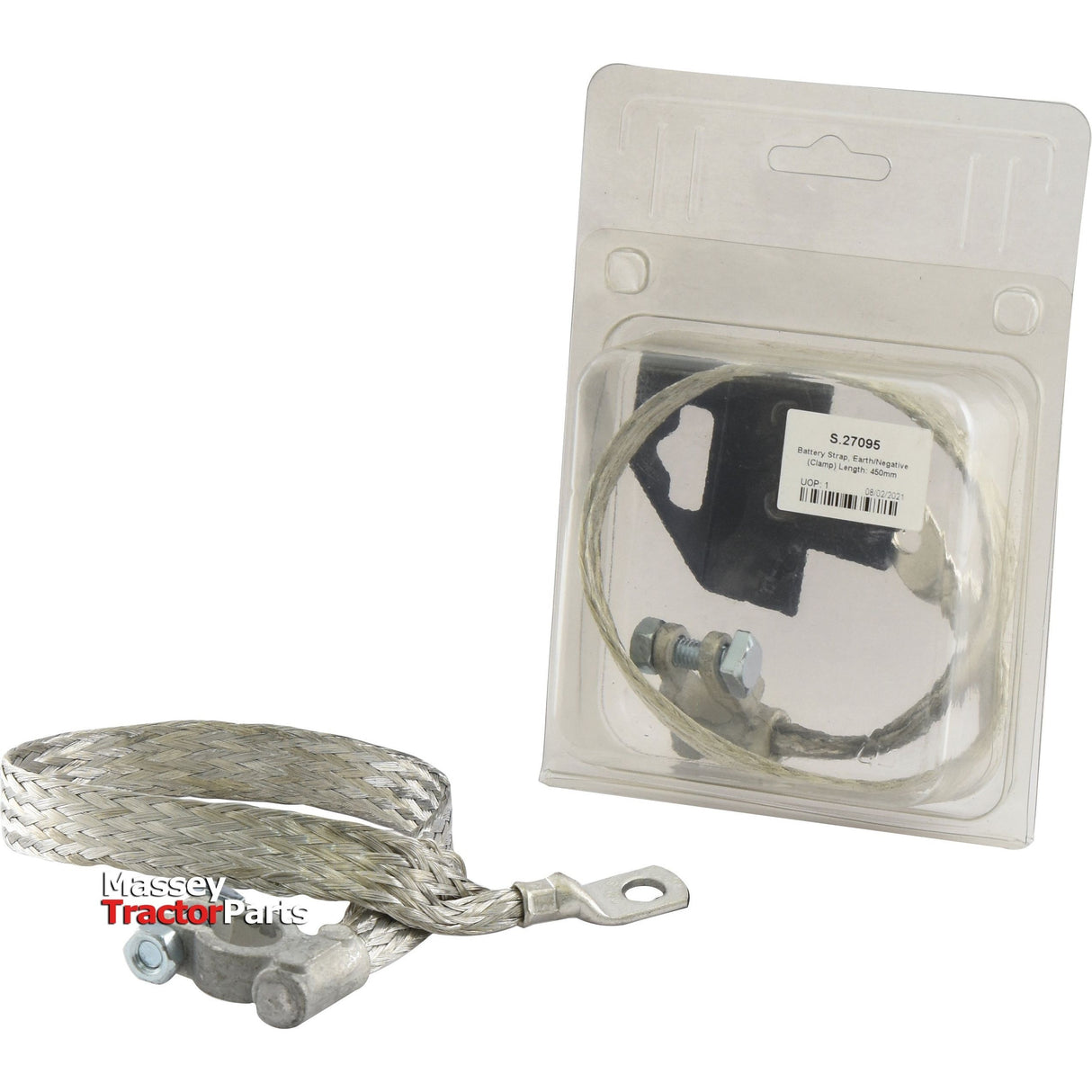 A Sparex Battery Strap, Earth/Negative (Clamp) Length: 450mm with part number S.27095 made of braided tinned copper wire is displayed outside its packaging, while another identical strap remains sealed in a transparent plastic pack with a label.