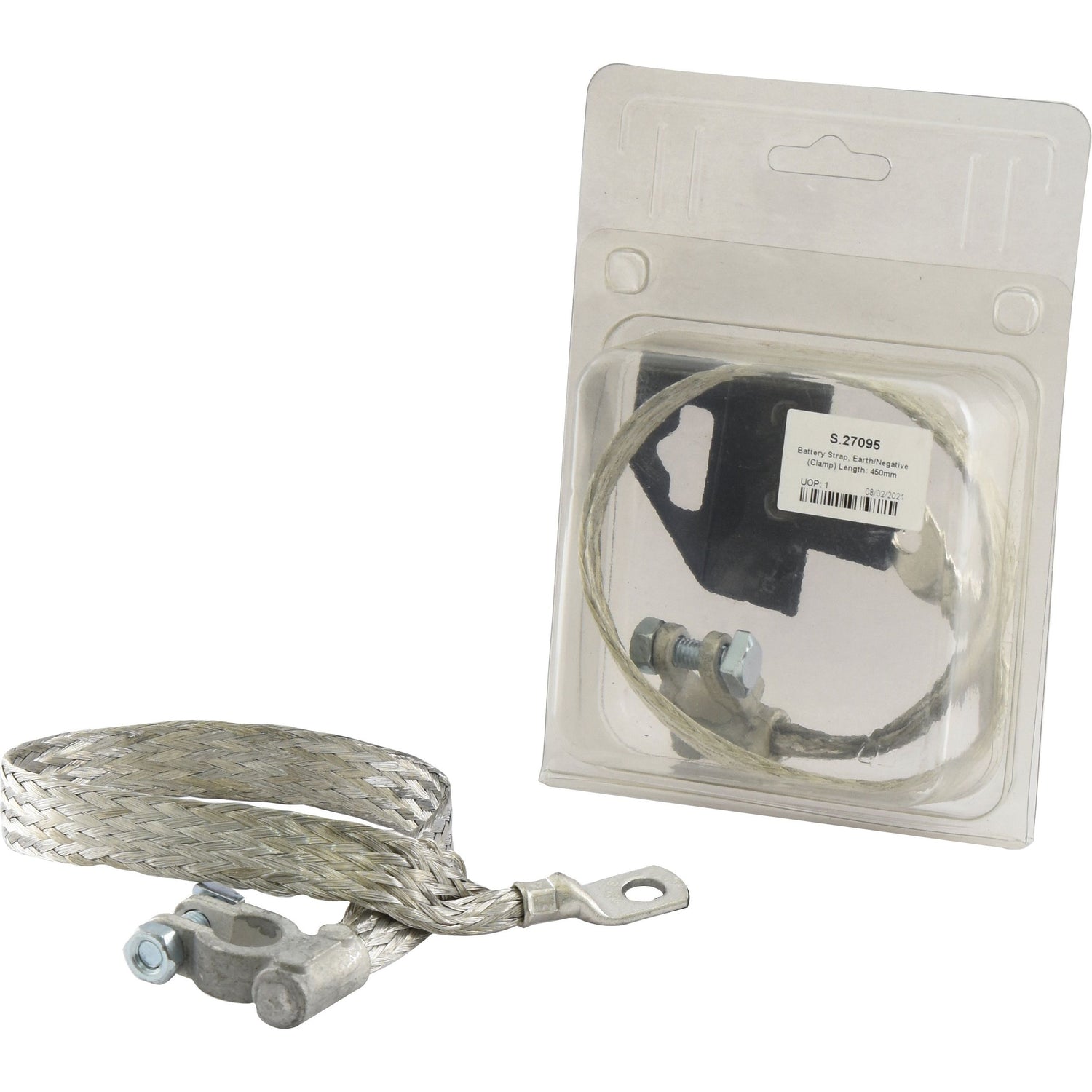A packaged "Sparex" metal braided ground strap with attached mounting hardware, branded as the "Battery Strap, Earth/Negative (Clamp)" with a length of 450mm and Sparex Part No. S.27095, displayed alongside an unpackaged braided tinned copper wire ground strap of identical design.