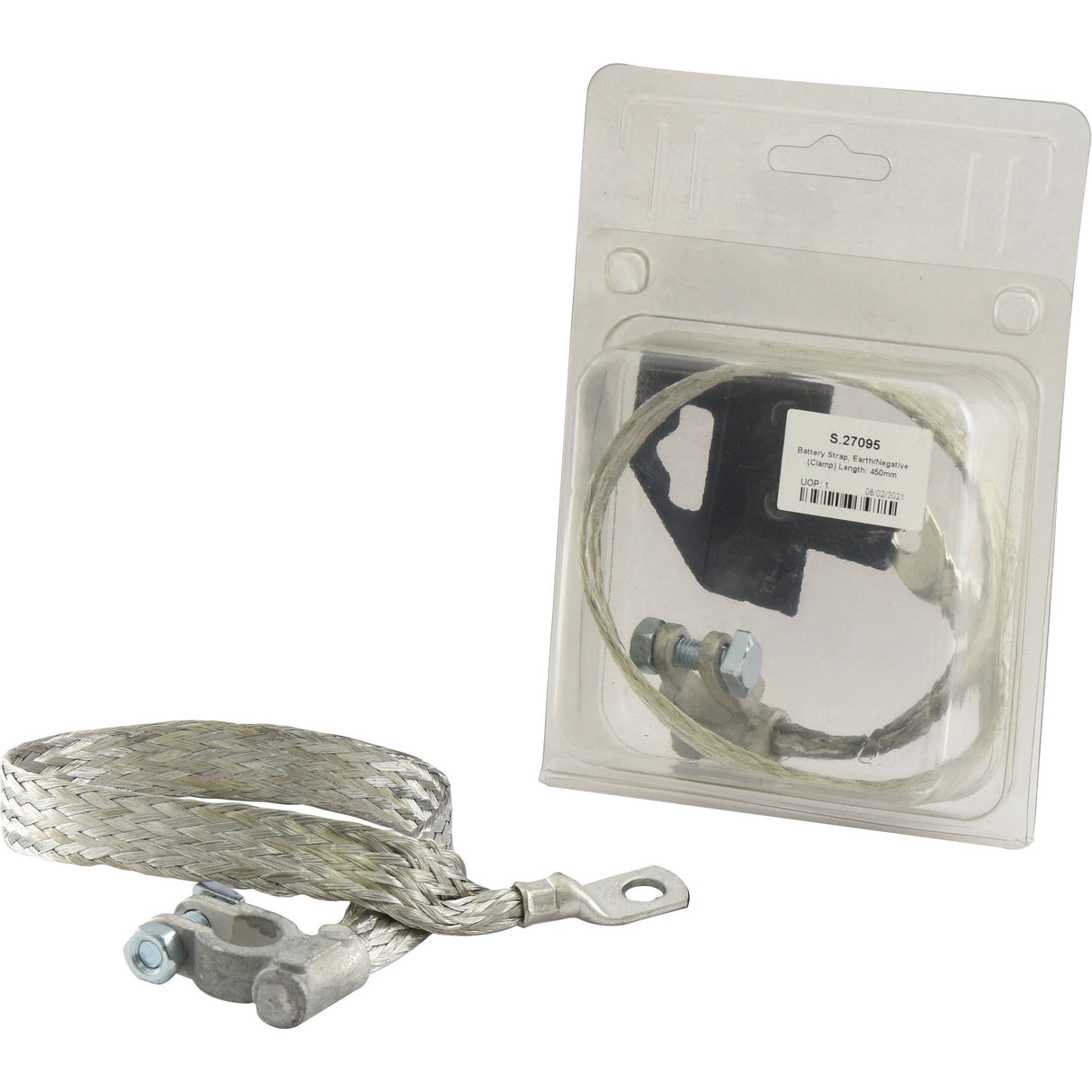 A packaged "Sparex" metal braided ground strap with attached mounting hardware, branded as the "Battery Strap, Earth/Negative (Clamp)" with a length of 450mm and Sparex Part No. S.27095, displayed alongside an unpackaged braided tinned copper wire ground strap of identical design.